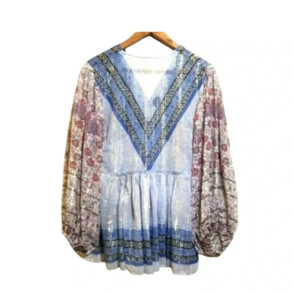 Free People Alyiah Blouse Boho Puff Sleeve Top Blouse‎ sz S